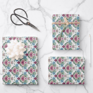 Set van 3-aardse roze en turquoise bloemen en hart inpakpapier vel