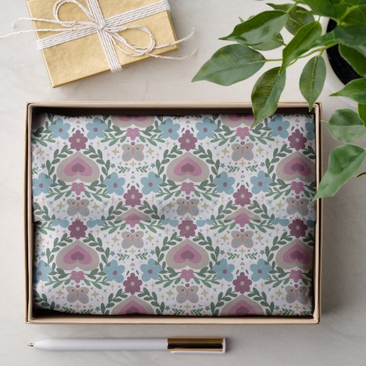 Set van 3-aardse Roze & Turquoise Bloemen en Harte Tissuepapier (Geschenk)