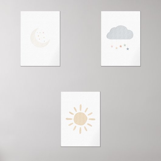 Set van 3 boho maan, wolk, zonprint (Voorkant)