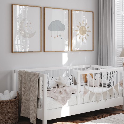 Set van 3 boho maan, wolk, zonprint