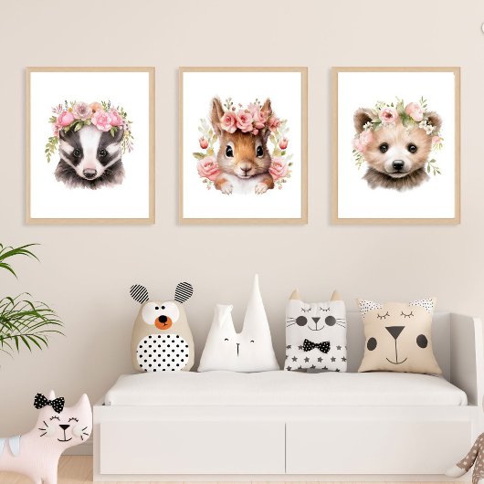Set van 3 bosdieren roze meisje kinderkamer Prints