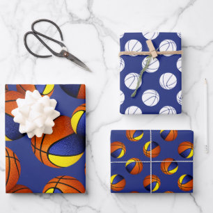 Set van 3 coördinerende blauw gouden basketballen inpakpapier vel