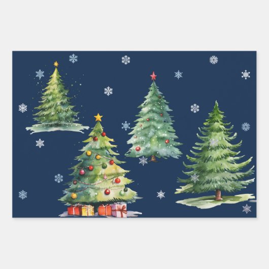Set van 3 Elegante Night Christmas Tree Gift Wraps Inpakpapier Vel (Voorkant)