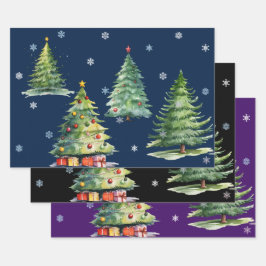 Set van 3 Elegante Night Christmas Tree Gift Wraps Inpakpapier Vel