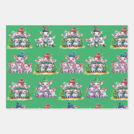 Set van 3 geassorteerde Schattige Varkenskerstcade Inpakpapier Vel