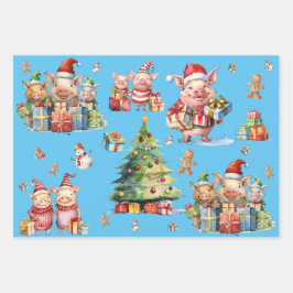 Set van 3 geassorteerde Schattigee Varkenskerstcad Inpakpapier Vel