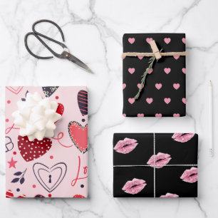 Set van 3; Hearts, Kisses, Polka Dots Valentijns Inpakpapier Vel