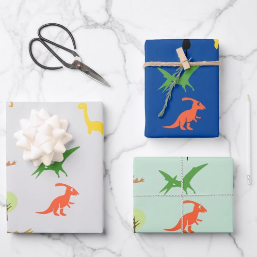 Set van 3 Kleurrijke Dino Bos voor Kinderen Inpakpapier Vel (Voorkant)