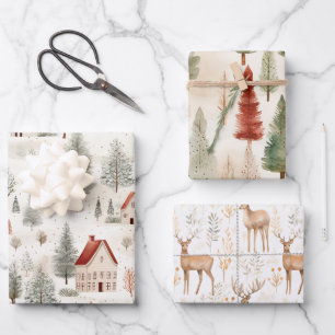 Set van 3 landelijke houtachtige fantasie inpakpapier vel