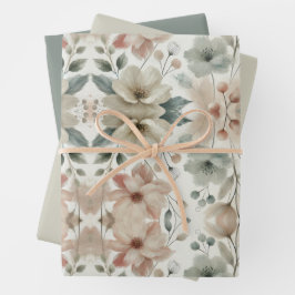 Set van 3 Pastel Green Floral Flat Wrapping Paper