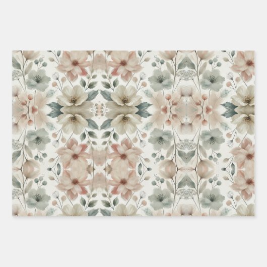 Set van 3 Pastel Green Floral Flat Wrapping Paper (Voorkant)