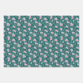 Set van 3 - Roze & Blauwe Bloemen op Teal – Modern Inpakpapier Vel