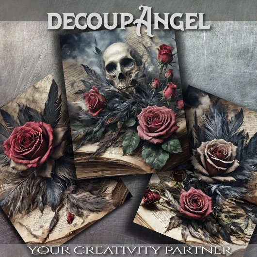 Set van 3 - Schedel en Scarlet Rozen #2 - Decoupag Inpakpapier Vel