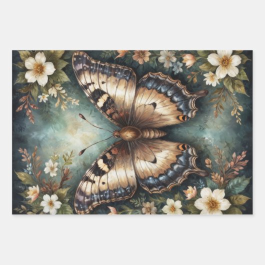 Set van 3 Vlinder en Bloemen -Decoupage- Inpakpapier Vel (Voorkant 2)