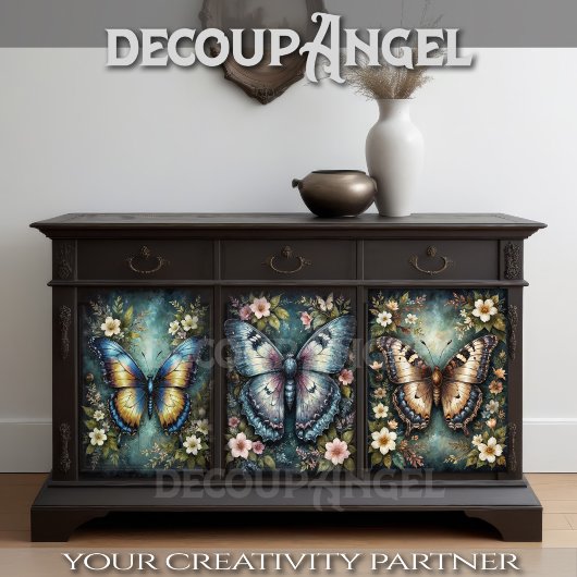 Set van 3 Vlinder en Bloemen -Decoupage- Inpakpapier Vel