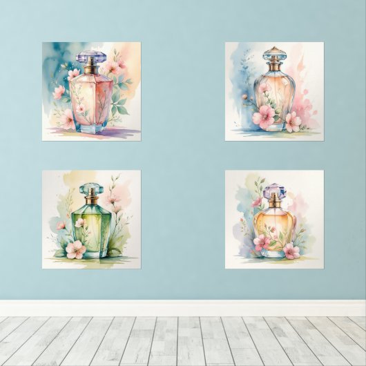Set van 4 Waterverf stijl parfum fles Prints (Houten vloer)