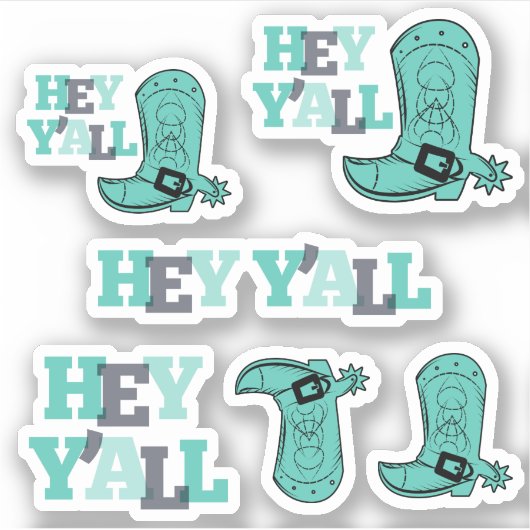 Set van 6 Hey Y'All - Texas Boots Custom-Cut Sticker (Voorkant)