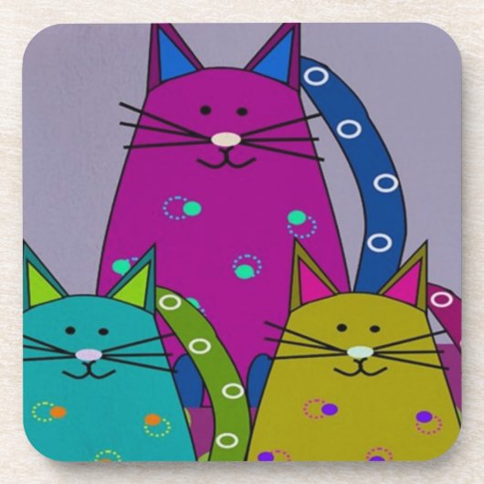 Set van 6 onderzetters - Folk art - Drie katten in (Voorkant)