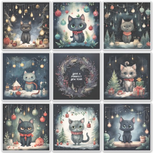 Set van 8 kattenkerst sticker (Voorkant)