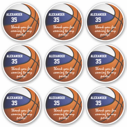 Set van 9 Blauw Wit Basketbal Party Favor Label (Voorkant)