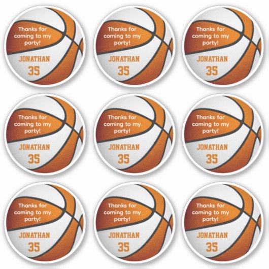 Set van 9 oranje witte basketbal partij voorkeursl sticker (Voorkant)