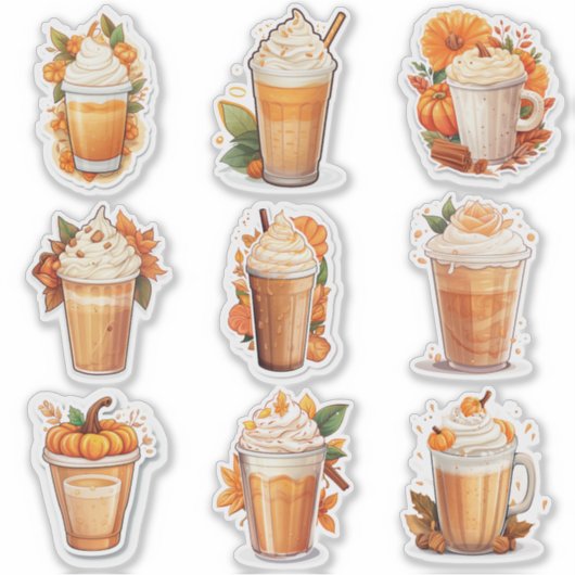 Set van 9 Pompoen Spiced Latte Vinyl Stickers (Voorkant)