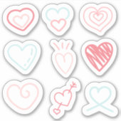 Set van 9 rode, roze en blauwe harten stickers (Voorkant)