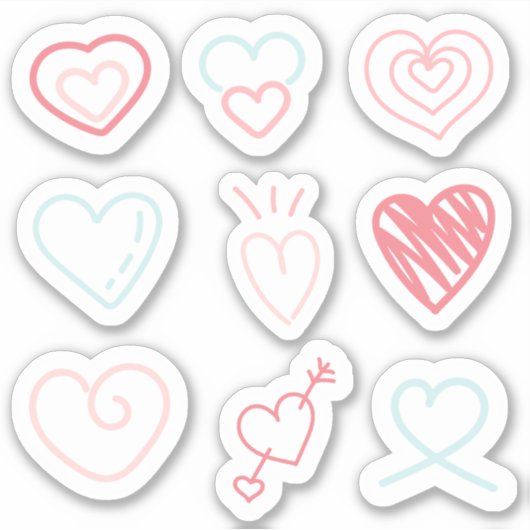 Set van 9 rode, roze en blauwe harten stickers (Voorkant)