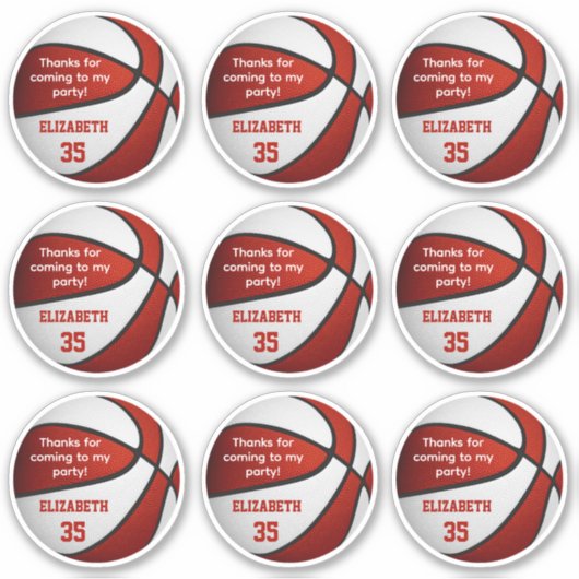 Set van 9 rood wit basketbal partij dank u sticker (Voorkant)