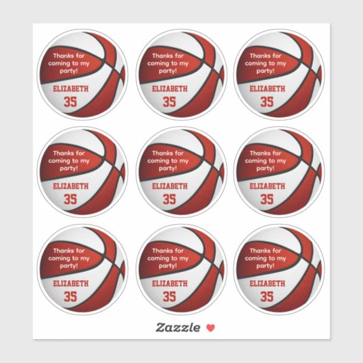 Set van 9 rood wit basketbal partij dank u sticker (Vel)