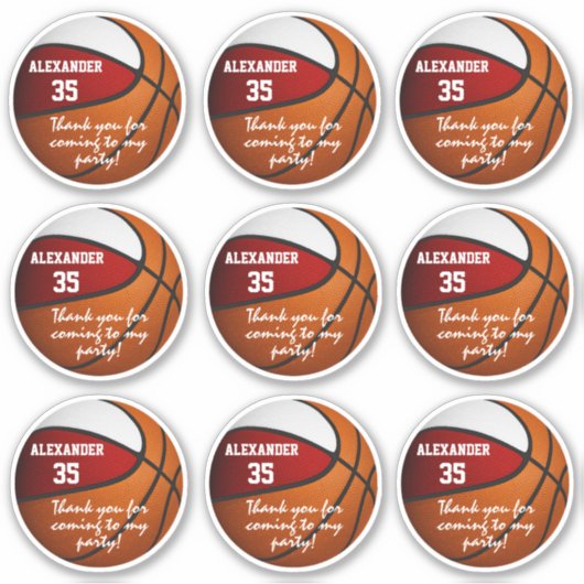 Set van 9 rood wit basketbal partij voorkeurslabel sticker (Voorkant)
