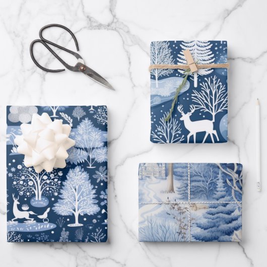 Set van Blue & White Snowy Christmas Inpakpapier Vel (Voorkant)