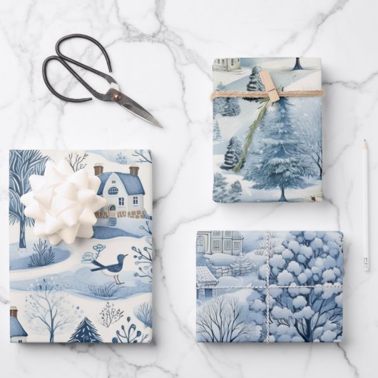 Set van Blue & White Snowy Feestelijke Kerstmis Inpakpapier Vel (Voorkant)