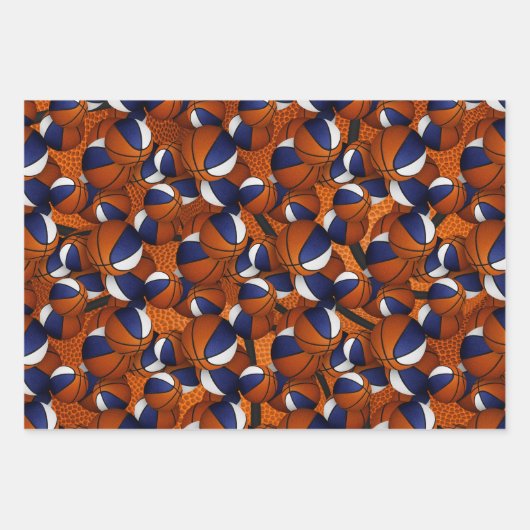 Set van coördinerende blauw wit basketbalpatroon inpakpapier vel (Voorkant)