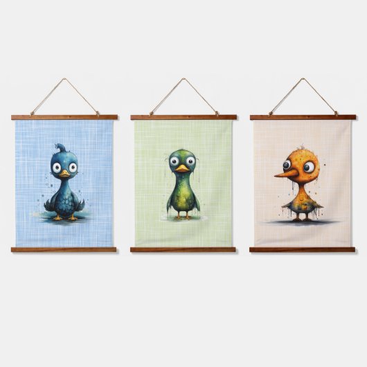 Set van drie Mad Birds Abstract Groen Blauw Geel Hangend Wandkleed (Driedubbel)