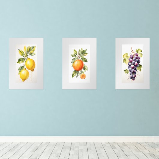 Set van drie Waterverf Fruit Wall Art Prints (Houten vloer)