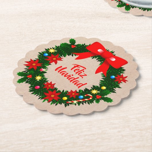 set van Feliz Navidad Merry Kerstmis Wreath Bow Kartonnen Onderzetters (Gekanteld)