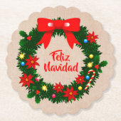 set van Feliz Navidad Merry Kerstmis Wreath Bow Kartonnen Onderzetters (Voorkant)