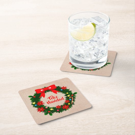 set van Feliz Navidad Merry Kerstmis Wreath Bow Kartonnen Onderzetters (Insitu)