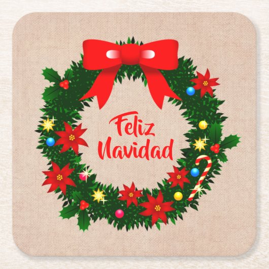 set van Feliz Navidad Merry Kerstmis Wreath Bow Kartonnen Onderzetters (Voorkant)