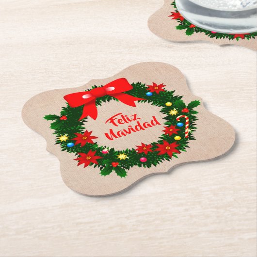 set van Feliz Navidad Merry Kerstmis Wreath Bow Kartonnen Onderzetters (Gekanteld)