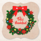 set van Feliz Navidad Merry Kerstmis Wreath Bow Kartonnen Onderzetters (Voorkant)