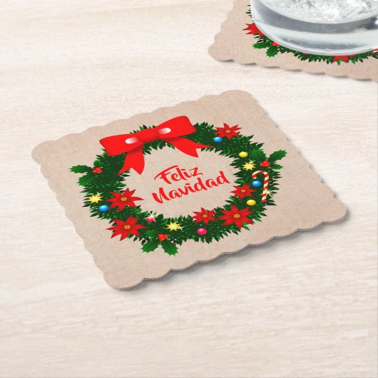 set van Feliz Navidad Merry Kerstmis Wreath Bow Kartonnen Onderzetters (Gebogen)