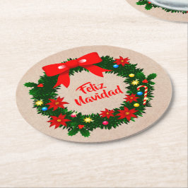 set van Feliz Navidad Merry Kerstmis Wreath Bow Ronde Kartonnen Onderzetter