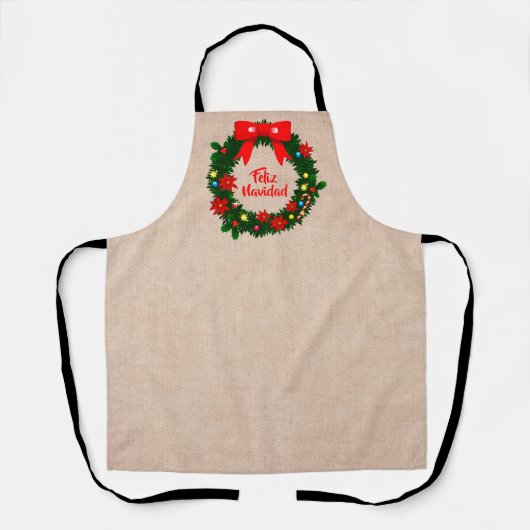 set van Feliz Navidad Merry Kerstmis Wreath Bow Schort (Voorkant)