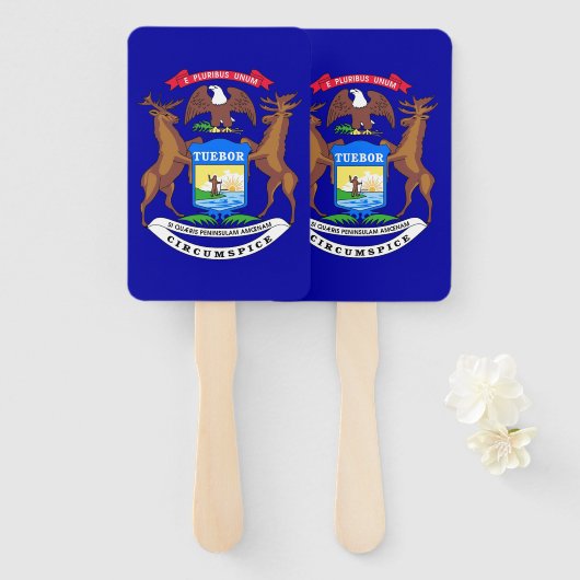 Set van hand fan met vlag van Michigan, USA Handwaaier (Voorkant en achterkant)