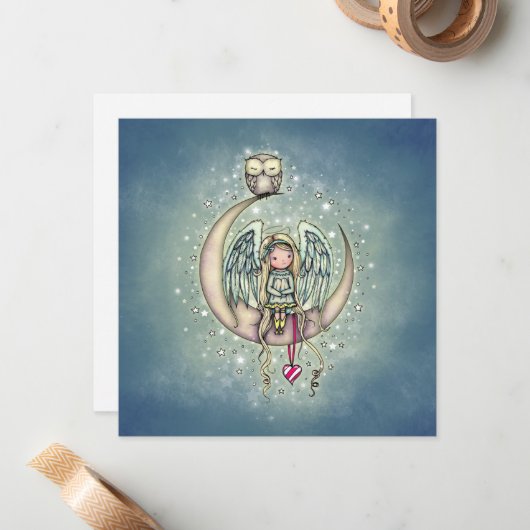 Set van Kaarten Schattige Angel en Uil op de Maan Notitiekaartje (Voorkant / Achterkant in situ)