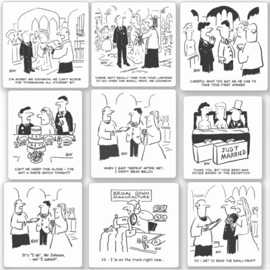 Set van negen grappige huwelijksstrips sticker (Voorkant)