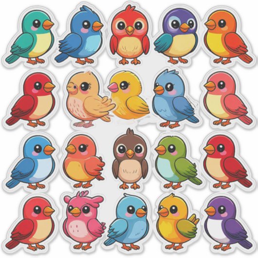 Set van Schattigee Cartoon Vogels Sticker (Voorkant)