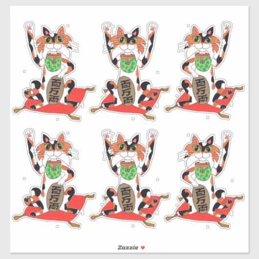 Set van Six Cute Maneki Neko Lucky Becelling Cats Sticker (Vel)